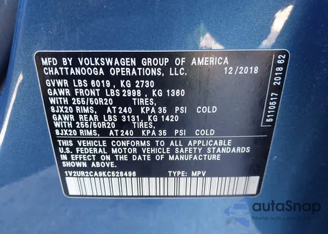 2019 Volkswagen Atlas 3.6L V6 Se W/Technology z USA, uszkodzony, nr VIN 1V2UR2CA9KC528496